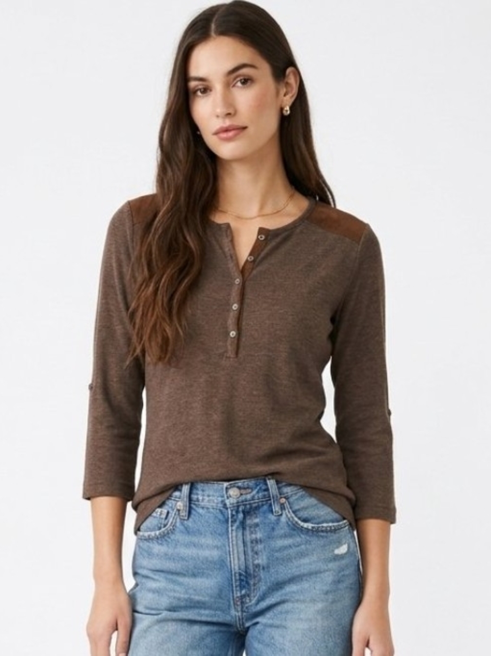 Vintage Lauren Ralph Lauren Faux Leather Shoulder Patch Henley Top In Brown - S